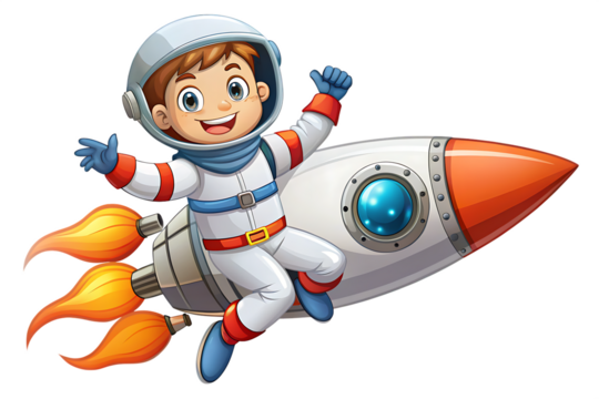 cartoon child in spacesuit riding a rocket on white background
 ,PNG.AI Generated.