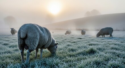 Photo of a flock of sheep grazing in a frosty, misty field at sunrise, with soft light illuminating the serene countryside landscape