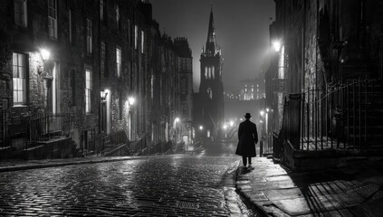 A solitary figure walks a misty, cobbled Edinburgh street at night. Black and white, dramatic lighting, historical