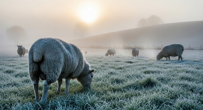 Photo of a flock of sheep grazing in a frosty, misty field at sunrise, with soft light illuminating the serene countryside landscape