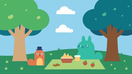 Cute woodland picnic scene with animals enjoying food under lush trees