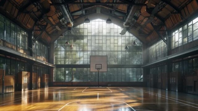 A spacious sports hall with a basketball court and large windows conveys a spirit of activity, suitable for promoting sports clubs, sportswear brands, motivational videos, and educational projects abo