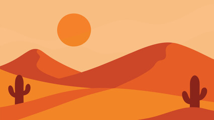 Stylized desert landscape vector illustration with cacti and sand dunes under a setting sun