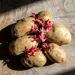 Potatoes with sprouts on a wooden surface