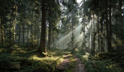 Naklejka premium Sunlight streams through a misty forest path. Lush green trees line a well-worn trail, bathed in golden light