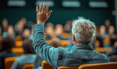 back view of an older student raising their hand to answer the teachers question during an educational training class. The image emphasizes lifelong learning and active participation, Generative AI