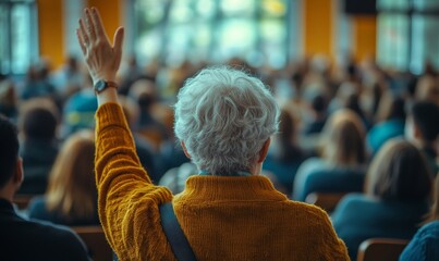back view of an older student raising their hand to answer the teachers question during an educational training class. The image emphasizes lifelong learning and active participation, Generative AI