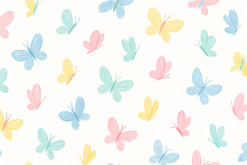 Seamless pastel hand-drawn butterflies pattern on white background
