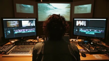 Cinematic postproduction studio with a film editor focused on assembling narrative sequences balancing sound levels and previewing final cuts on widescreen monitors.