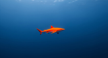 Obraz premium A Bright Red Orange Shark Swimming Alone in the Deep Blue Ocean