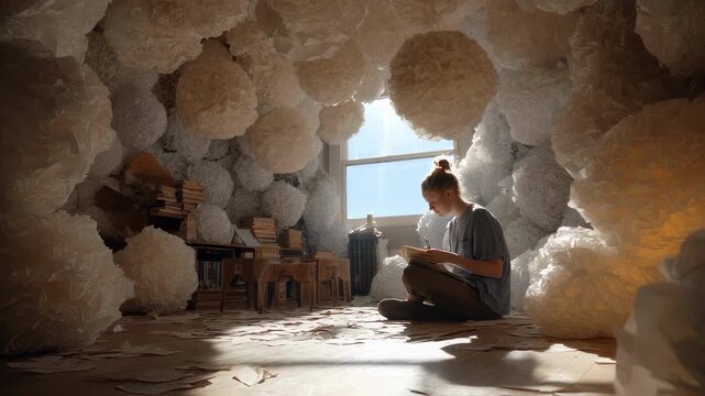 Artistic shot of crumpled paper balls around a creative space with a playwright revising scenes and refining dialogue under natural daylight streaming through a window.