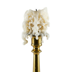 Polished brass candlestick, extensively covered in intricate melted wax drippings, on a transparent studio background, brightly lit, shadowless, concept of elegant decay and time