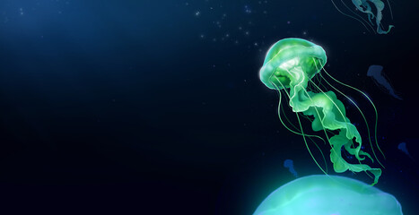 Large poisonous green jellyfish against the background of a deep dark ocean. Realistic illustration.