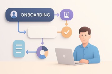 Professional Man Engaged in Digital Onboarding Process with Illustration Flowchart Elements
