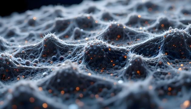 Close-up of surreal cellular landscape with glowing filaments and spherical particles forming a complex organic structure.
