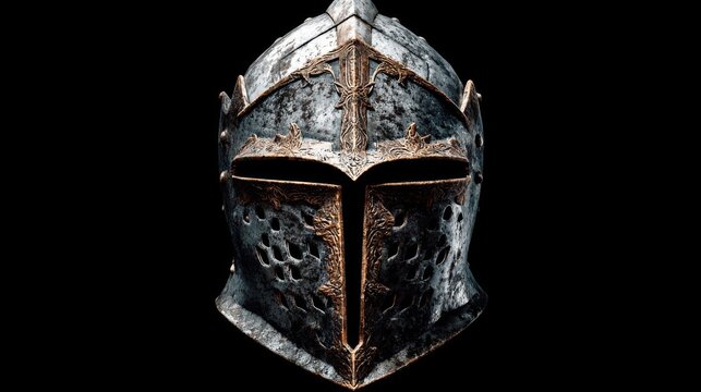 Intricately detailed medieval knight helmet with ornate engravings on dark backdrop.