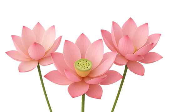 a serene arrangement of three pink lotus flowers with a visible seedpod, isolated on a transparent background