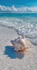 A seashell rests on a pristine beach, bathed in sunlight, with ocean waves gently lapping at the shore