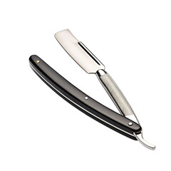 Classic straight razor with black handle and silver blade on plain black background for barbershops