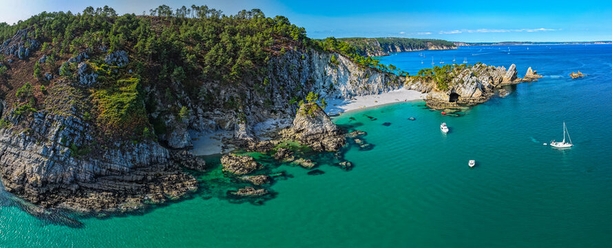 Aerial view of plage de La Vierge (Virgin beach) in Crozon Peninsula Brittany - One of the most beautiful beaches in France