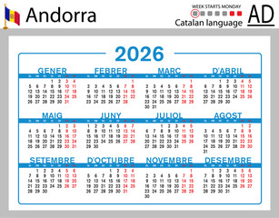 Catalan horizontal Pocket calendars for 2026. Week starts Monday
