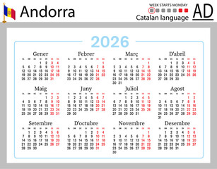 Catalan horizontal Pocket calendars for 2026. Week starts Monday