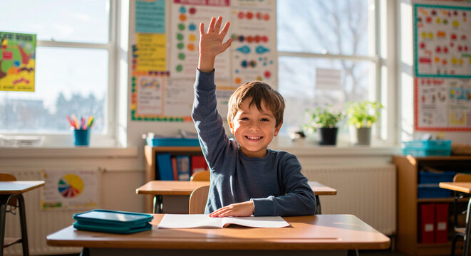 Young cute schoolboy raising hand to answer question from teacher in classroom. Happy kid elementary student learning while sitting at desk during lesson. Education, knowledge, back to school concept