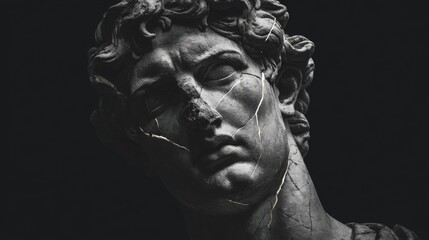 Cracked classical statue face with golden repairs on black background in dramatic light.