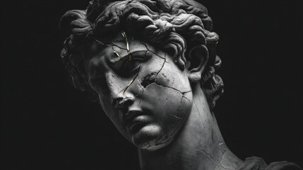 Cracked marble sculpture of classical male face on dark background.