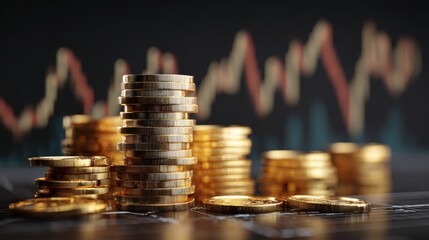 Stacked coins with financial growth chart and business investment concept, capital gain analysis, world money, market trends, economic performance, currency and finance data visualization