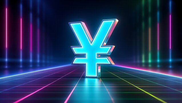 Glowing neon japanese yen symbol illuminated by vibrant futuristic light streaks in a dark abstract digital environment representing financial technology and global currency