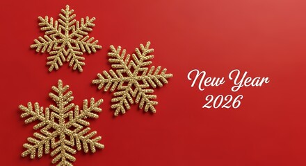 Three shimmering gold snowflakes are arranged on a vibrant red background with the text New Year 2026 glitter festive celebration holiday winter decoration
