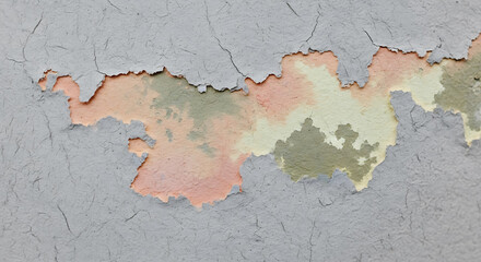 Obraz premium Close up of peeling paint on a textured wall revealing layers of faded pastel colors and abstract patterns
