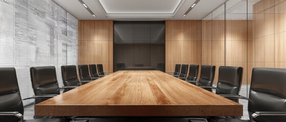 The contemporary boardroom with an elegant wooden table and modern seating.