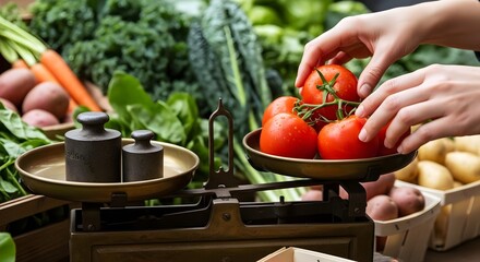 Hands weighing fresh vine tomatoes on a vintage scale amidst a bounty of fresh produce