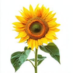 Obraz premium Single sunflower with vibrant yellow petals and green leaves against a white background (1)