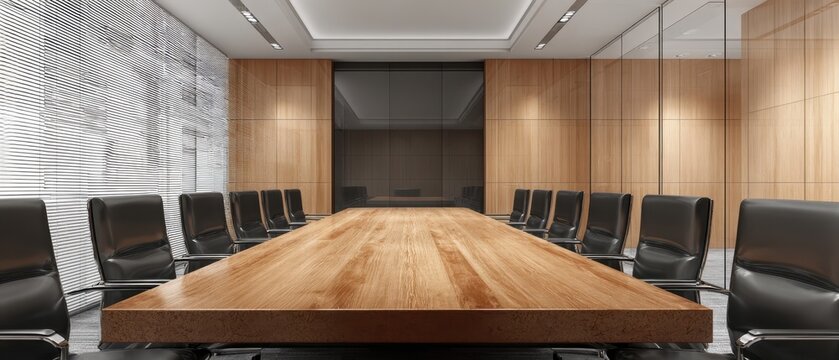 The contemporary boardroom with an elegant wooden table and modern seating.