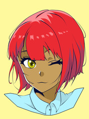 Illustration of cute tan girl with yellow eyes and red hair with anime style for t-shirt design, poster, phone wallpaper, sticker