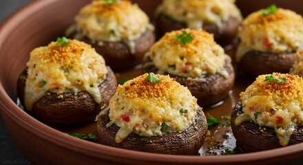 Champignons farcis fromage gratine delicieux lumiere dor�e. AI Generated