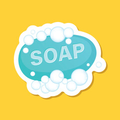 Bar of soap with foam sticker icon in flat style. Cosmetic product for hygienic vector illustration on isolated background. Toiletries sign business concept.