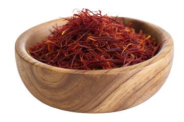 Fototapeta premium Organic saffron threads in wooden bowl for authentic cooking and natural flavor enhancement