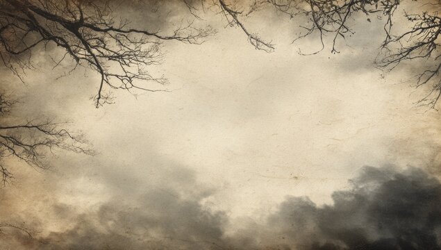 Aged parchment-like background with dark, skeletal branches framing a cloudy sky