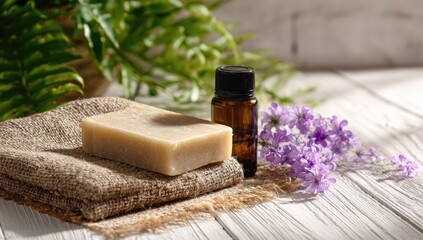 Natural soap, essential oil, and flowers on a white wooden table