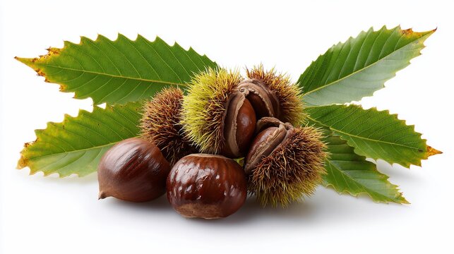 Chestnuts in spiky husks with lush serrated leaves on white backdrop