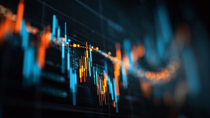 Abstract finance chart; blue & orange candle sticks on grid against dark background