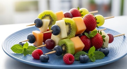 Colorful Fruit Skewers on Blue Plate with Mint and Berries, Close-Up