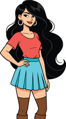 Confident young woman with long black hair, red top, blue skirt, hand on hip, fashionable pose, vector cartoon illustration for design use
