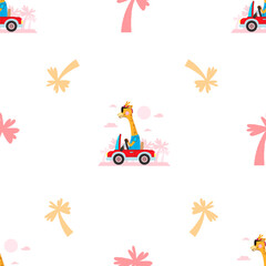  Playful Cartoon Giraffe Driving a Red Car with Palm Trees Seamless Pattern, Vector Illustration for Children's Decor and Summer Themes