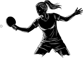  sketched silhouettes Table tennis player, isolated Woman playing ping pong. Sports clipart