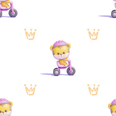 Title: Seamless pattern with a cute 3D cartoon tiger riding a tricycle and orange crowns on a white background, perfect for kids' designs